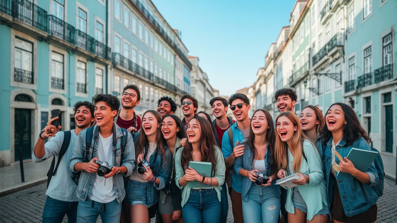 Group of college students laughing and exploring a sunlit European street together